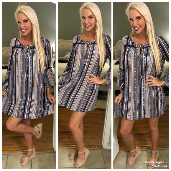 LAST 1! 💕Blue stripe bell sleeve tie front dress! - Picture 3 of 3